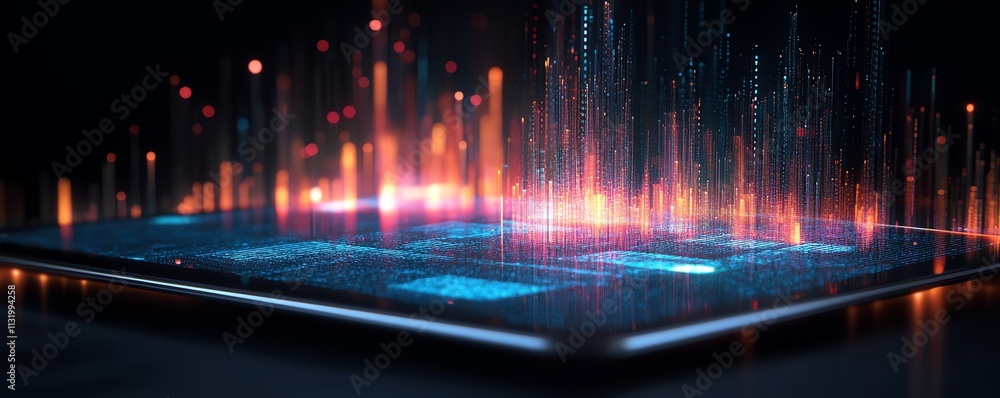 Poster A 3D digital data visualization on a tablet screen, showcasing realtime metrics, interactive graphs, and glowing data lines
