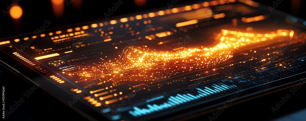 Poster A 3D digital data visualization on a tablet screen, showcasing realtime metrics, interactive graphs, and glowing data lines