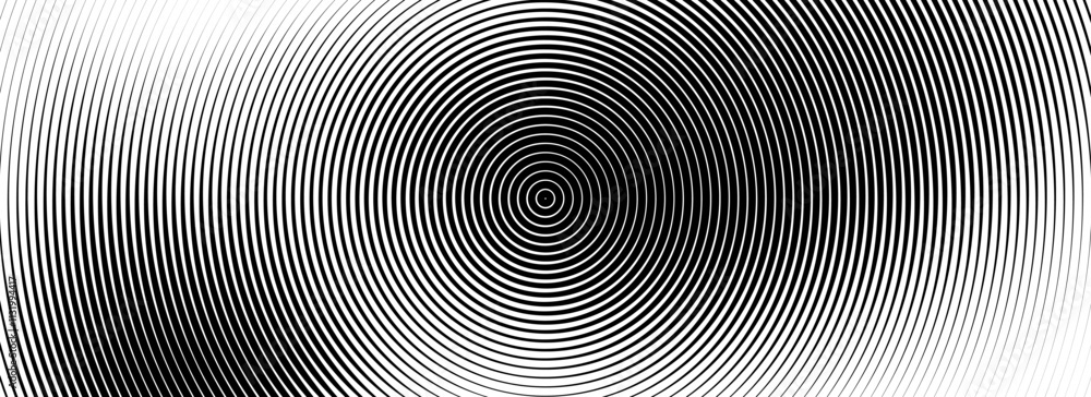 Poster black concentric circle texture. radial geometric pattern background. linear epicenter, radar or tar
