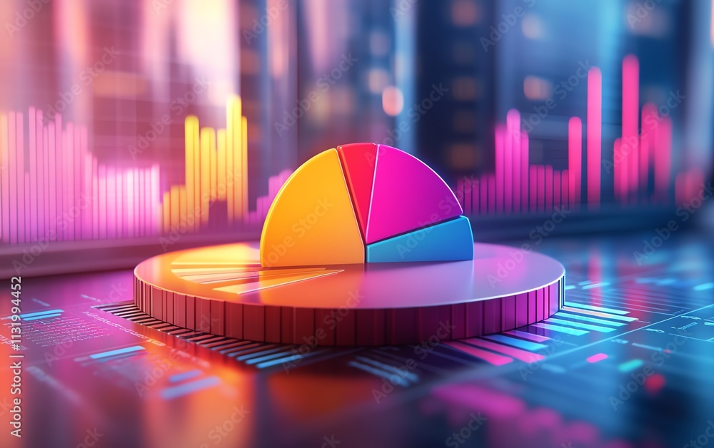 Poster a colorful 3d pie chart floating above a financial report background, with charts, graphs, and detai