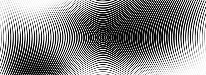 Black concentric circle texture. Radial geometric pattern background. Linear epicenter, radar or target concept. Round rippled ring wallpaper for brochure, template, poster, overlay. Vector backdrop