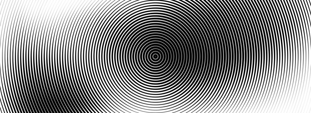 Black concentric circle texture. Radial geometric pattern background. Linear epicenter, radar or target concept. Round rippled ring wallpaper for brochure, template, poster, overlay. Vector backdrop