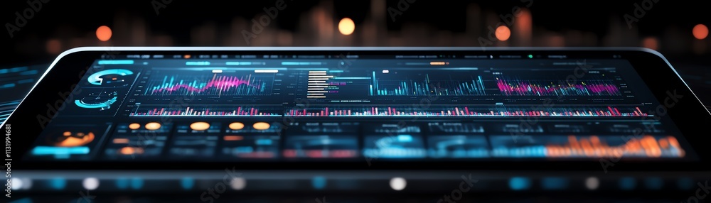 Leinwandbilder A detailed digital data visualization on a tablet screen, showing colorful graphs and realtime statistics on a sleek, modern interface