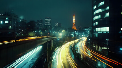Fototapeta premium Tokyo Night Highway with Tower and City Lights