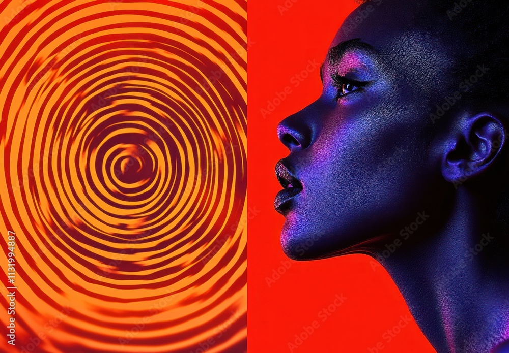 Poster minimalist portrait with strong contrast and spiral background in pop art style