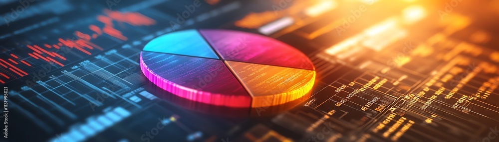 Leinwandbilder a dynamic 3d pie chart with glowing edges, positioned on a financial report backdrop featuring crisp