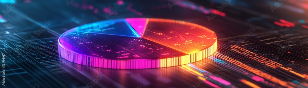 Poster a dynamic 3d pie chart with glowing edges, positioned on a financial report backdrop featuring crisp