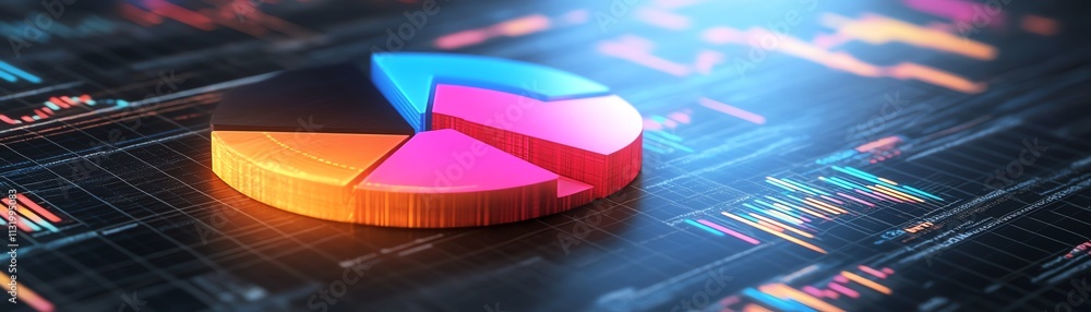Leinwandbilder a dynamic 3d pie chart with glowing edges, positioned on a financial report backdrop featuring crisp
