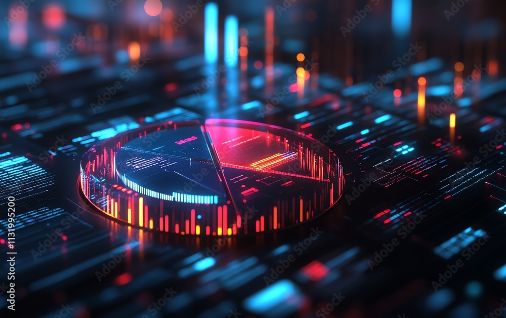 Poster a futuristic 3d pie chart with metallic textures, displayed over a sophisticated financial report fi