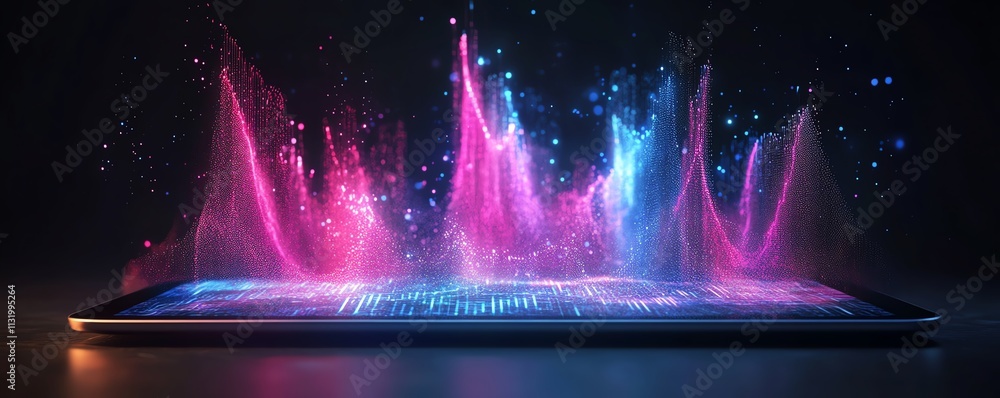 Poster a futuristic digital data visualization displayed on a tablet screen, with interactive graphs and br