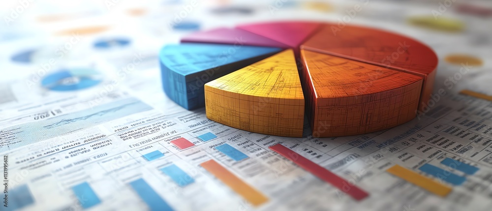 Poster A highdefinition 3D pie chart with realistic textures, integrated into a financial report backdrop showing growth and decline trends