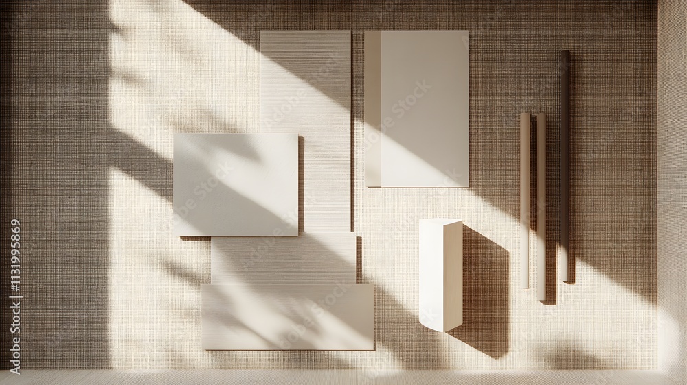 Poster abstract composition of geometric shapes and shadows on a textured wall in neutral tones for modern 