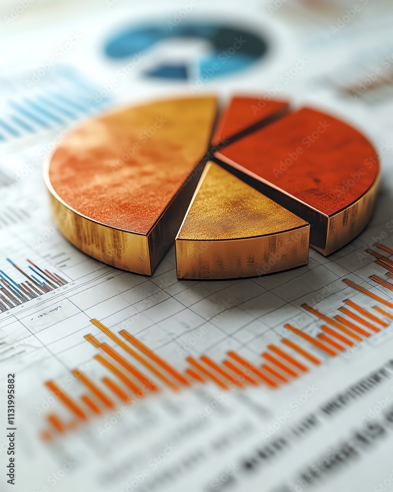 Aufkleber A modern 3D pie chart with sleek design elements, set against a professional financial report backdrop showcasing numerical insights
