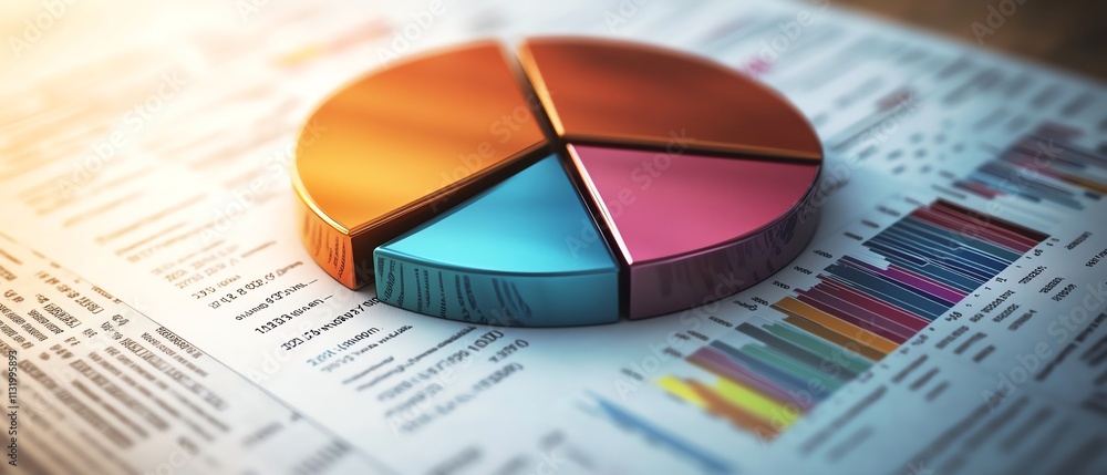 Poster A polished 3D pie chart with segmented clarity, resting on a financial report background with layered data and financial indicators