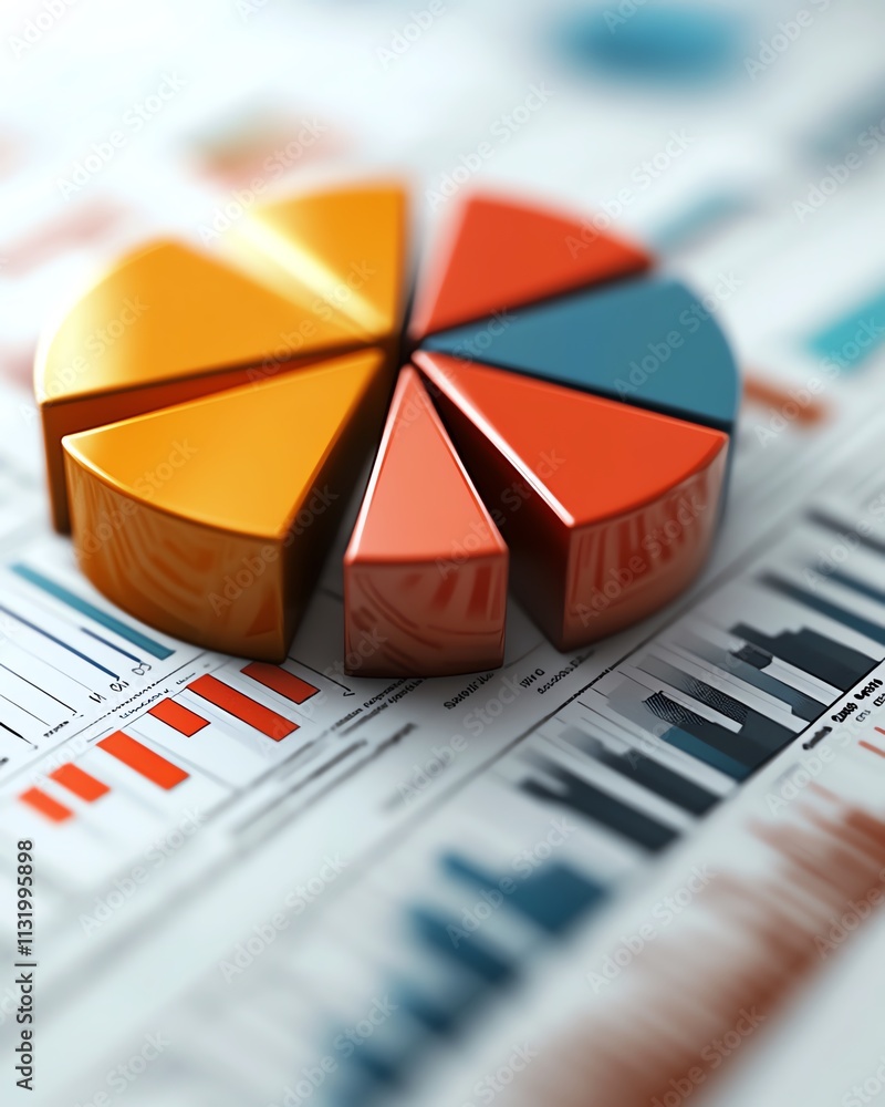Leinwandbilder A modern 3D pie chart with sleek design elements, set against a professional financial report backdrop showcasing numerical insights