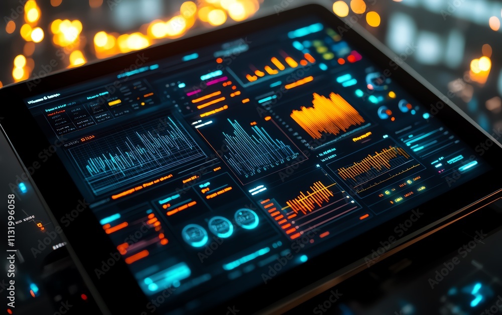 Fototapete a professional digital data dashboard on a tablet screen, with bright visual elements and data trend