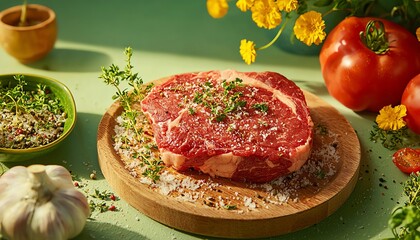 Freshly prepared beef steak garnished with herbs and spices on a wooden board.