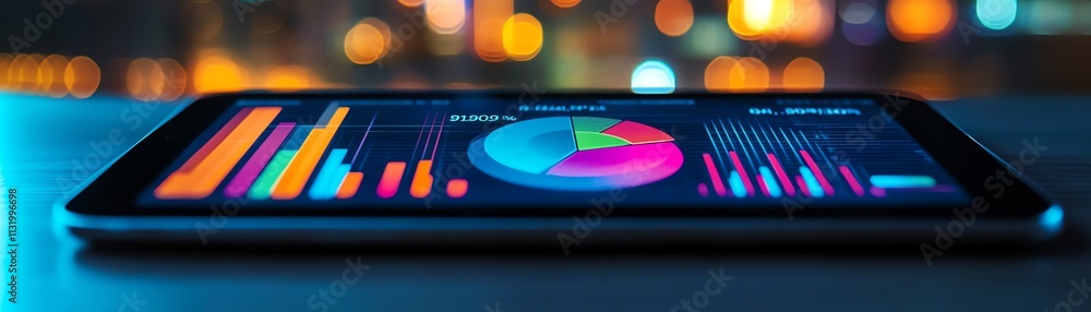Poster a tablet screen displaying a cuttingedge digital data visualization, with vivid pie charts, bar grap