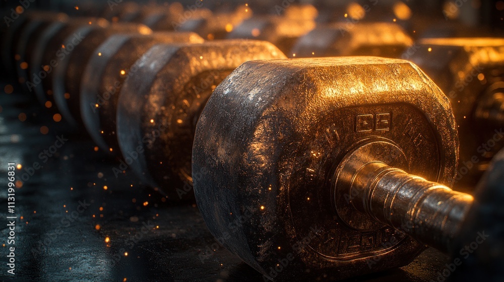 Poster close-up of rusty dumbbells in a gym with sparks.