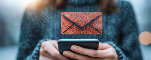 A person holds a smartphone with a floating email icon above it, symbolizing digital communication and connectivity.