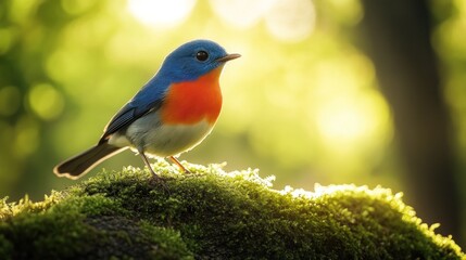 Fototapeta premium Vibrant blue and red bird perched on moss.