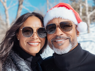 happy African American senior couple wearing Santa hat and celebrating New Year eve outdoors in a winter forest