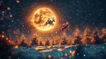 Realistic, enchanting winter scene with Santa and reindeer flying under a glowing full moon, snowflakes drifting down, Christmas trees below illuminated with festive lights