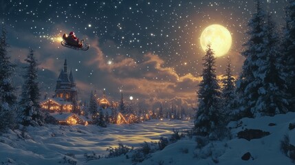 Realistic, enchanting winter scene with Santa and reindeer flying under a glowing full moon, snowflakes drifting down, Christmas trees below illuminated with festive lights