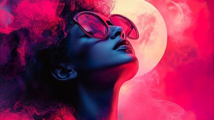 Naklejka premium Vivid Portrait: A Woman in Pink and Blue Smoke