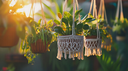 Multiple hanging macrame planters with potted plants creating a boho decor vibe 
