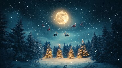 Realistic, enchanting winter scene with Santa and reindeer flying under a glowing full moon, snowflakes drifting down, Christmas trees below illuminated with festive lights