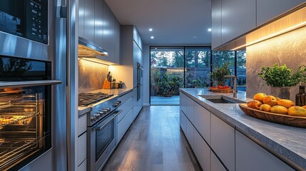 Modern kitchen design showcasing sleek stainless steel appliances and elegant finishes under warm lighting at dusk