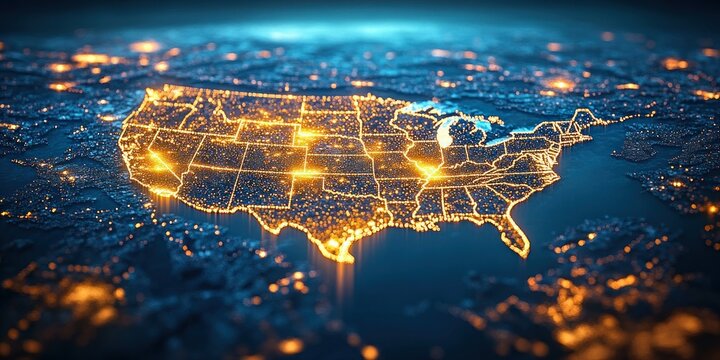 USA Aerial Night Map Cyberpunk Concept North America Connectivity Data Transfer Technology