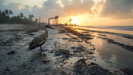 A serene beach scene at sunset featuring a bird walking along the shore, with silhouettes of palm trees and machinery in the background.