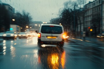 Fototapeta premium Urban Scene of Rainy Weather with Blurred Traffic and Glowing Lights on a Wet Road Capturing the Ambience of a Busy City in Downpour