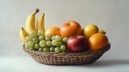 A wicker basket filled with assorted fresh fruits including bananas, apples, grapes, and oranges.