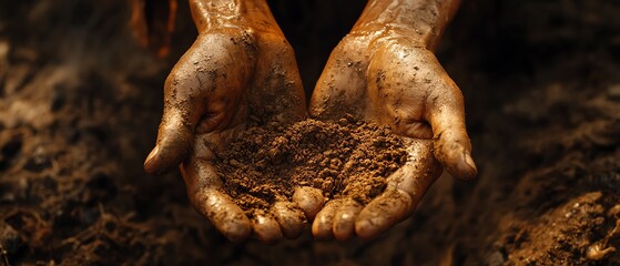 Obraz premium A detailed closeup of hands cradling fertile soil, representing care, growth, and the bond between humans and the natural world