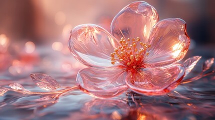 Glass flower with light reflection on water.