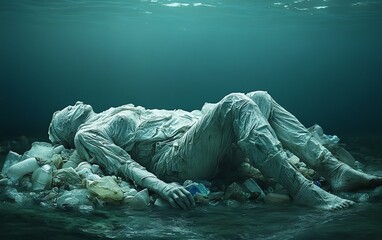 Fototapeta premium A powerful image of ocean plastic pollution, with discarded plastic debris floating in the water, symbolizing the urgent global efforts to reduce waste