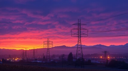 Vibrant Sunset Illuminates Power Lines and Distant Mountains