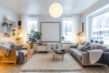 Cozy Scandinavian Living Room with Winter View.