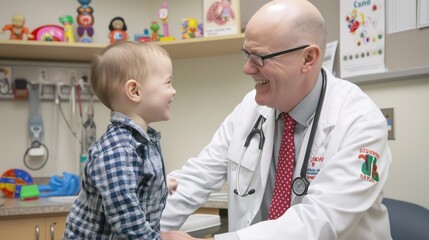 Fototapeta premium Pediatrician examining a smiling toddler on a medical examination table in a bright and welcoming clinic. Children's health care, pediatric clinic,professional pediatric care,home care