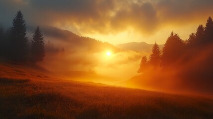 Obraz premium Golden Sunrise Landscape: Misty Mountain Majesty