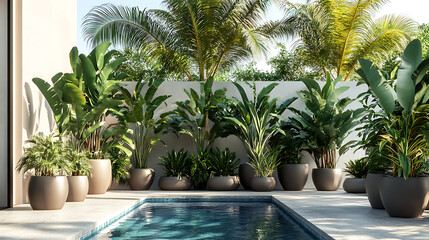 Fototapeta premium Potted tropical plants arranged around a pool area enhancing the tropical atmosphere 