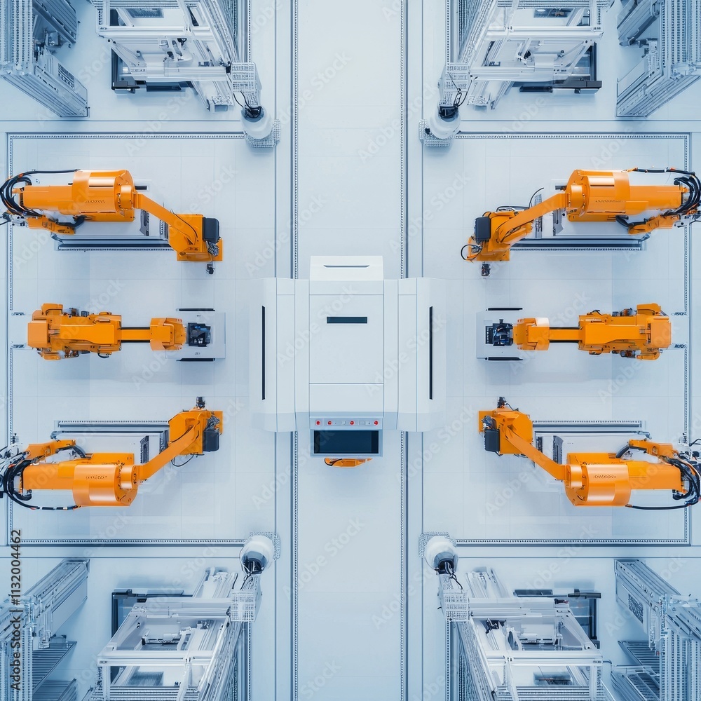 Poster force innovation and automation. automated robotic arms in a modern industrial setting.