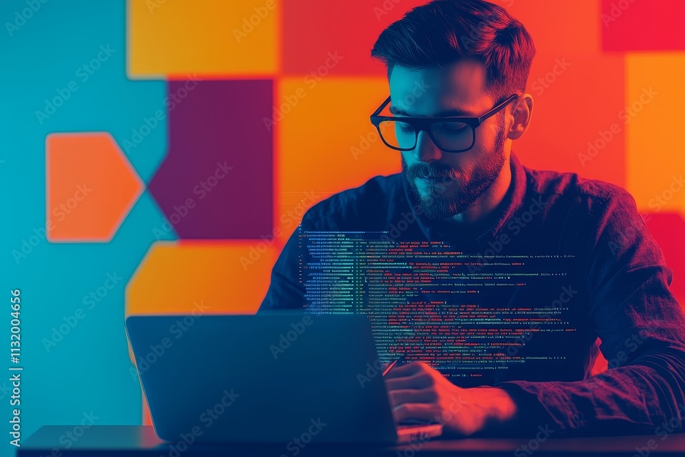 Poster force innovation and automation. labor force innovation. young man coding on a laptop with colorful 