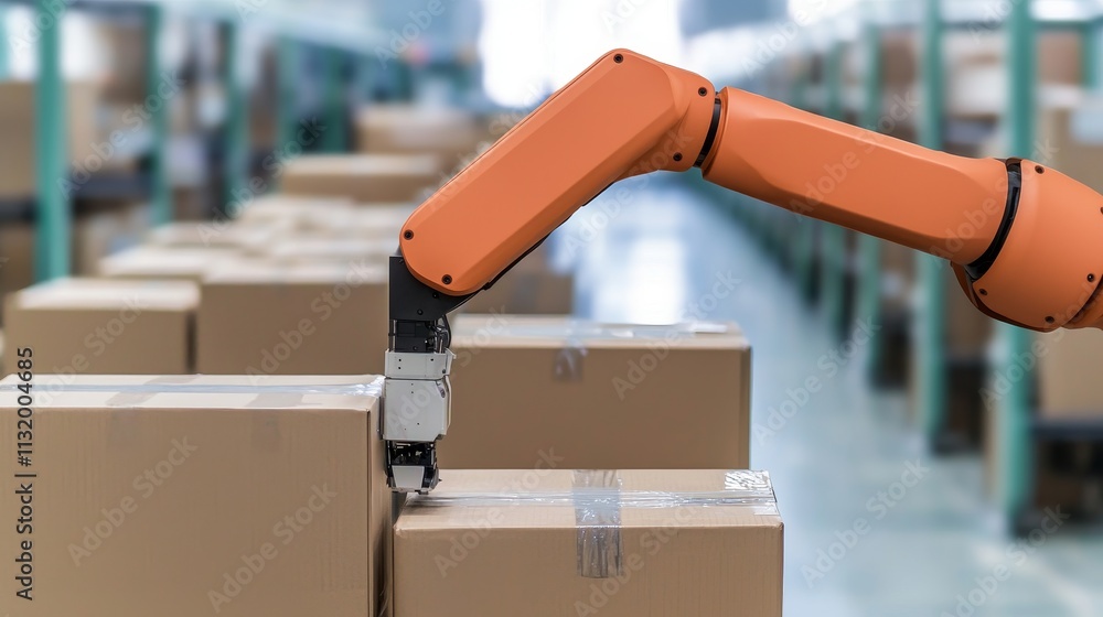 Aufkleber force innovation and automation. robot arm handling packages in a warehouse setting.