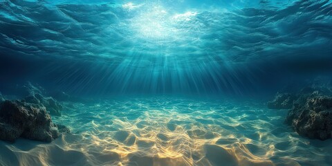 Fototapeta premium Underwater Ocean Scene with Sandy Seabed and Bright Sunlight Creating Calm Ripples in Clear Tropical Water