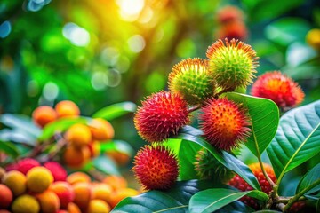 Exotic rambutan fruit showcased in a dreamy, tilt-shifted image of tropical foliage.