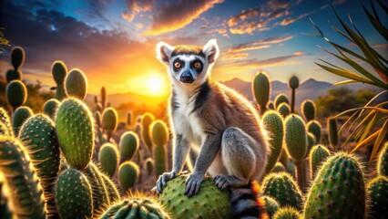 Obraz premium Exotic ring-tailed lemur showcases its style against a dramatic cactus backdrop.